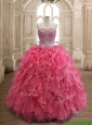 Fashionable Beaded and Ruffled Coral Red Quinceanera Dress in Organza