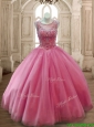 Fashionable Scoop Rose Pink Tulle Quinceanera Dress with Beading
