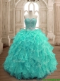 Gorgeous Beaded and Ruffled Big Puffy Sweet 16 Dress in Turquoise