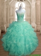 Inexpensive Beaded and Ruffled Big Puffy Quinceanera Dress in Apple Green