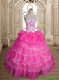 Inexpensive Hot Pink Organza Quinceanera Dress with Ruffled Layers and Beading