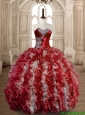 Latest Beaded Wine Red and White Sweet 15 Dress in Organza