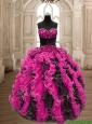 Modest Hot Pink and Black Quinceanera Dress with Beading and Ruffles