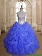 Perfect Blue Organza Quinceanera Dress with Beading and Ruffles