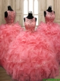 Perfect Scoop Beaded and Ruffled Quinceanera Dress in Watermelon Red