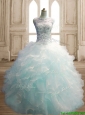 See Through Scoop Light Blue Quinceanera Dress with Beading and Ruffles
