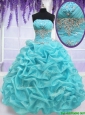 2017 Top Seller Strapless Aquamarine Quinceanera Dress with Beading and Pick Ups
