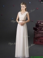 Cheap V Neck Belted and Laced Off White Prom Dress in Chiffon