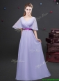 Exclusive Belted and Ruched Lavender Dama Dress with Half Sleeves