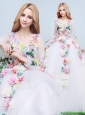 New Style V Neck Court Train Wedding Dress with Appliques and Hand Made Flowers