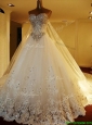 Popular Beaded Bodice and Applique Wedding Dress with Chapel Train