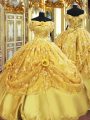 Stunning Strapless Sleeveless Quinceanera Dress Floor Length Beading and Appliques and Hand Made Flower Gold Tulle