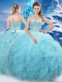 Customized Floor Length Aqua Blue Quince Ball Gowns Tulle Sleeveless Beading and Pick Ups