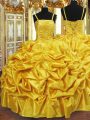 Beading and Pick Ups Ball Gown Prom Dress Gold Lace Up Sleeveless Floor Length