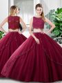 Modern Burgundy Tulle Zipper Scoop Sleeveless Floor Length Quinceanera Gowns Lace and Ruching