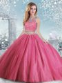 Scoop Sleeveless Clasp Handle Quinceanera Dresses Hot Pink Tulle