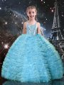 Stunning Floor Length Aqua Blue Custom Made Pageant Dress Tulle Sleeveless Beading and Ruffled Layers