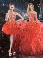 Excellent Floor Length Lace Up 15th Birthday Dress Coral Red for Military Ball and Sweet 16 and Quinceanera with Beading and Ruffles