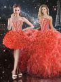 Excellent Floor Length Lace Up 15th Birthday Dress Coral Red for Military Ball and Sweet 16 and Quinceanera with Beading and Ruffles