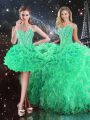 Beading and Ruffles Vestidos de Quinceanera Green Lace Up Sleeveless Floor Length