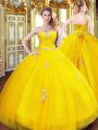 Gold Tulle Lace Up Sweetheart Sleeveless Floor Length Quinceanera Gowns Beading and Appliques
