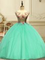 Apple Green Lace Up Scoop Appliques Ball Gown Prom Dress Organza Sleeveless