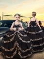 Custom Made Spaghetti Straps Sleeveless Pageant Dress for Girls Floor Length Embroidery and Ruffled Layers Black Taffeta