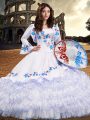 Luxurious Baby Blue Organza Lace Up Square Long Sleeves Floor Length Quinceanera Gown Embroidery and Ruffled Layers