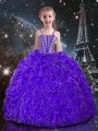 Deluxe Eggplant Purple Sleeveless Floor Length Beading and Ruffles Lace Up Little Girls Pageant Gowns