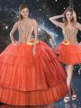 Rust Red Sleeveless Organza Lace Up Quince Ball Gowns for Military Ball and Sweet 16 and Quinceanera