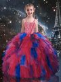 Coral Red Lace Up Little Girls Pageant Gowns Beading and Ruffles Sleeveless Floor Length