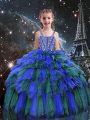 Superior Blue Kids Pageant Dress Quinceanera and Wedding Party with Beading and Ruffles Straps Sleeveless Lace Up