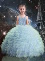 Top Selling Light Blue Ball Gowns Organza Straps Sleeveless Beading and Ruffles Floor Length Lace Up Little Girl Pageant Gowns