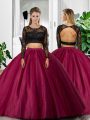 Two Pieces Vestidos de Quinceanera Fuchsia Scoop Tulle Long Sleeves Floor Length Backless