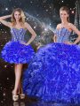 Charming Blue Ball Gowns Sweetheart Sleeveless Organza Floor Length Lace Up Beading and Ruffles Quinceanera Dress
