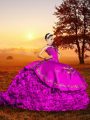 Fuchsia Sleeveless Embroidery and Ruffles Lace Up Quince Ball Gowns