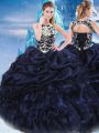 Glittering Navy Blue Sleeveless Floor Length Appliques and Ruffles and Pick Ups Lace Up Sweet 16 Dresses