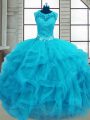 Classical Scoop Sleeveless 15th Birthday Dress Floor Length Beading and Ruffles Baby Blue Tulle