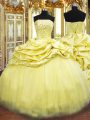 Spectacular Strapless Sleeveless Quinceanera Gowns Floor Length Beading and Pick Ups Gold Taffeta
