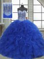 Dazzling Royal Blue Sweet 16 Dress Military Ball and Sweet 16 and Quinceanera with Beading and Ruffles and Sequins Sweetheart Sleeveless Lace Up