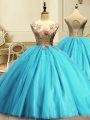Ball Gowns Quinceanera Dresses Aqua Blue Scoop Tulle Sleeveless Floor Length Lace Up