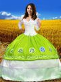 Sophisticated Floor Length Yellow Green Quinceanera Dress Off The Shoulder 3 4 Length Sleeve Lace Up