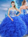 Organza Sweetheart Sleeveless Lace Up Beading and Ruffles Sweet 16 Dresses in Blue
