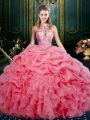 Discount Beading and Ruffles and Pick Ups Sweet 16 Dresses Watermelon Red Lace Up Sleeveless Floor Length