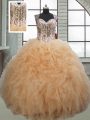 Champagne Ball Gowns Sweetheart Sleeveless Organza Floor Length Lace Up Beading and Ruffles Sweet 16 Quinceanera Dress