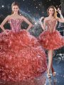Modern Rust Red Sleeveless Beading and Ruffles Floor Length Sweet 16 Quinceanera Dress