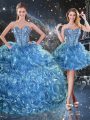 Extravagant Floor Length Three Pieces Sleeveless Baby Blue Ball Gown Prom Dress Lace Up
