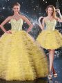 Sleeveless Organza Floor Length Lace Up Vestidos de Quinceanera in Yellow with Beading and Ruffled Layers