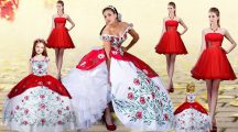 Dazzling White And Red Off The Shoulder Lace Up Embroidery and Ruffled Layers Quinceanera Gown Brush Train Sleeveless