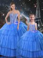 Clearance Floor Length Baby Blue Quinceanera Gowns Organza and Tulle Sleeveless Ruffled Layers